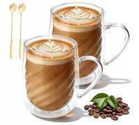CEWROM Bicchieri da caffè a doppia parete, 350 ml, a doppia parete, con manico e cucchiaio, in vetro borosilicato, a doppia parete, per cappuccino, tè, espresso, latte e birra (2 pezzi)