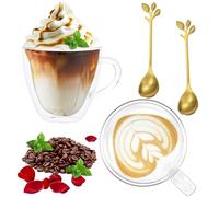 CEWROM Bicchieri da caffè a doppia parete, set da 2 bicchieri da caffè a forma di cuore, a doppia parete, per cappuccino, in vetro con cucchiaio, per latte macchiato, regalo per San Valentino e