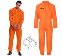 CEWROM Costume da Carcerato per Donna e Uomo, Tuta Arancione da Prigioniero Classica, Jumpsuit con Manette, Abito da Prigione per Carnevale, Fasching e Halloween (L)