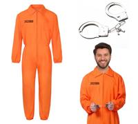 CEWROM Costume da detenuto per uomo o donna, classico, arancione, con manette, costume da prigioniero fuggitivo, costume da prigioniero per carnevale (L)