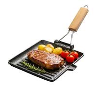 CEWROM Padella per bistecca in ghisa, manico pieghevole in legno, quadrata, 20 x 20 cm, per barbecue a gas, barbecue a carbone e tutti i piani cottura, incl. induzione, padella in ferro per esterni e