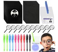 CEWROM Set di 50 giocattoli da detective per bambini, penna segreta con luce UV, quaderno, lente d'ingrandimento, badge detective con clip, regalo di compleanno per bambini, per il detective