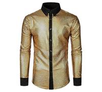 Cexiakong Abito da uomo a maniche lunghe con paillette, camicia glitterata da discoteca, costume da discoteca lucido metallizzato, per uomo, vestibilità stretta, per club, rock, hip hop, discoteca,