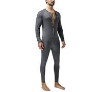 Cexiakong Body intero da uomo, slim fit, pigiama da uomo, tinta unita, biancheria intima termica elasticizzata, a maniche lunghe, comoda, con bottoni, tuta intera, grigio., XL