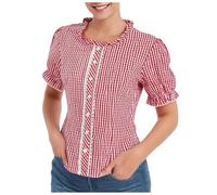 Cexiakong Camicia da donna a quadretti con boerte all'uncinetto, estiva, a maniche corte, per il tempo libero, traspirante, da lavoro, estiva, leggera, elegante tunica, top estivo per Oktoberfest, O