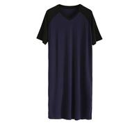 Cexiakong Camicia da notte da uomo, accogliente, morbida con collo a V, a maniche corte, lunghezza al ginocchio, pigiama in colori a blocco, taglie forti, pigiama in cotone, O blu marino3, XXL