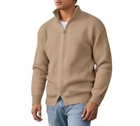 Cexiakong Cardigan da uomo con doppia chiusura lampo all'uncinetto, tinta unita, con collo alto, leggero, caldo, lavorato a maglia, comodo, morbido, maglione a maniche lunghe, O kaki, L