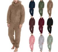 Cexiakong Jumpsuit Uomo Jumpsuit Comodo Pigiama con Cappuccio in Pile Overall Pyjama Coppia Termico Peluche Indumento Termico Indumento Termico Strampler Biancheria da Notte Bello, cachi, 5XL