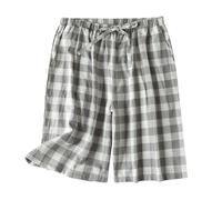 Cexiakong Pantaloni corti da pigiama da uomo in cotone lavato, pantaloncini da notte a quadri, pantaloni larghi per il tempo libero, pantaloni da lounge sottili con tasche e coulisse, O grigio., XXXL