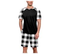 Cexiakong Pigiama corto da uomo, a quadretti, con colori a blocco, biancheria da notte estiva, a maniche corte e pantaloncini, in due pezzi, casual, morbido e confortevole, O nero., XXXL