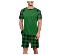 Cexiakong Pigiama corto da uomo, a quadretti, con colori a blocco, biancheria da notte estiva, a maniche corte e pantaloncini, in due pezzi, casual, morbido e confortevole, O verde, M