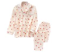 Cexiakong Pigiama da donna in due pezzi, con bottoni, colletto rovesciato, set per il tempo libero, biancheria da notte, a maniche lunghe, top e pantaloni, per San Valentino, per la casa, O beige., L