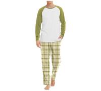 Cexiakong Pigiama lungo da uomo, in cotone, invernale, in due pezzi, con maniche lunghe e pantaloni pigiama a quadretti, per uomo e inverno, verde chiaro, XL