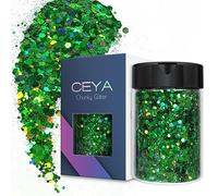 Ceya Glitter grosso olografico, 140 g, polvere di glitter verde misti, fiocchi grossi e fini, paillettes iridescenti, per decorazioni per feste di San Patrizio, resina epossidica, bicchieri, melma,
