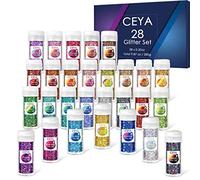 Ceya Set di glitter olografici grossi 28 colori, 280 g di polvere glitterata mista e grossi fiocchi di scintillio per unghie iridescenti da 15 ml per nail art in resina epossidica