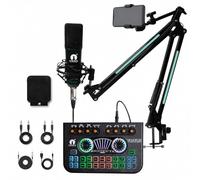 CEZO Microfono a condensatore professionale con scheda audio X3, set microfono a condensatore con scudo pop, scheda audio dal vivo, supporto a braccio RGB Boom, supporto antiurto, supporto mobile, per