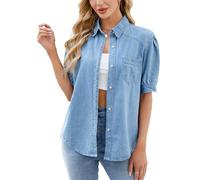 cffdviz Camicia di Jeans Estiva da Donna con Maniche Corte A Sbuffo Bottoni Frontali Casual E Leggera,Blu,XL