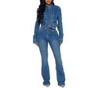 cffdviz Completi Donna 2 Pezzi Jeans Vintage Giacche di Jeans con Bottoni A Manica Lunga E Jeans,Blu,L