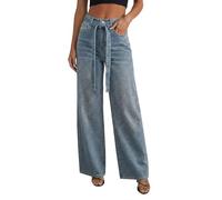 cffdviz Jeans A Gamba Dritta con Strass per Donna Larghi A Vita Alta Pantaloni Luccicanti A Gamba Larga per Feste Musica E Tempo Libero,Light Blue,M