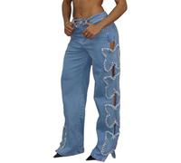 cffdviz Jeans da Donna A Vita Alta A Gamba Larga con Taglio Sexy Strass Resistenti E Modello Y2K Ampio A Gamba Dritta,Blu,XXL