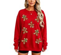 cffdviz Maglione di Natale da Donna A Manica Lunga con Paillettes E Omino di Pan di Zenzero,Rosso,L