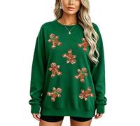 cffdviz Maglione di Natale da Donna A Manica Lunga con Paillettes E Omino di Pan di Zenzero,Verde,L