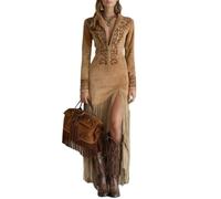 cffdviz Vestito da Cowgirl Western Sexy da Donna Aderente con Maniche Lunghe Ricami E Frange,Cachi,XXL