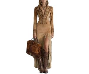 cffdviz Vestito da Cowgirl Western Sexy da Donna Aderente con Maniche Lunghe Ricami E Frange,Cachi,XXL