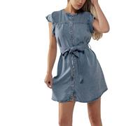 cffdviz Vestito Estivo da Donna in Denim Senza Maniche con Bottoni Collo Rotondo Vita Annodata Vestito Corto Aderente in Jeans Casual,Blu,L