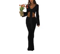 cffvdiz 2 Pezzi Uncinetto Abiti per Le Donne Sexy Lace Up V Collo Top Tagliato Halter Knit Gonna Due Pezzi Set,Nero,S