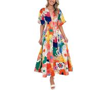 cffvdiz Arancia,M, Donna Estate Floreale Stampato Bolla Manica Boho Vestito A-Linea Maxi Abiti