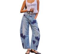 cffvdiz Barile Jeans Donna Vintage Distressed Baggy Cuore Stampato Low-Rise Jeans Jeans Denim Pantaloni,Blu,XL