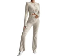 cffvdiz Beige,S, Maglia 2 Pezzi Abiti Nodo Anteriore Manica Lunga Top Corto E Pantaloni Sottili Loungewear Set