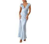 cffvdiz Blu,S, Estate Satin Dress Sexy Slim Profondo V Senza Schienale Bodycon Maxi Abito