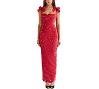 cffvdiz Bowknot Halter Lace Dress Sexy Slim Bodycon Abito da Sposa Ospite Party Maxi Dresses,Rosso,S