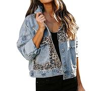 cffvdiz Denim Jean Giacche da Donna Leopard Cuciture Leopard Manica Lunga Casual Denim Giacche Cappotto,Blu,S