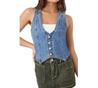 cffvdiz Gilet in Denim Per Le Donne Sexy Profondo V Collo Sottile Senza Maniche Pulsante Giù Cropped Jean Vest Top,Blu,S