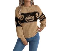cffvdiz Maglioni per Donne Casual A Girocollo Halloween Zucca Spaventosa Ricamata Maglione A Maniche Lunghe,Cachi,L