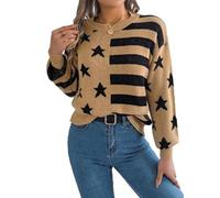 cffvdiz Maglioni Pullover per Donna Casuali A Strisce A Stella con Maniche A Lanterna E Maniche Lunghe, Maglione A Collo Alto,Cachi,XL