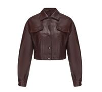 cffvdiz Street Cropped Faux Giacca Di Pelle Pulsante Anteriore Flap Tasche Corto PU Moto Biker Outwear Cappotto,Marrone,L