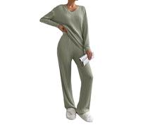 cffvdiz Verde,M, 2 Pezzi Knit Outfits per Le Donna Casual Loose V-Neck A Coste Maglia Top E Gamba Dritta Pantaloni Loungewear Set