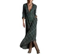 cffvdiz Vestito Camicia Donna con Bottoni Maniche Lunghe Colletto con Risvolto Stampa Scozzese Vestito Maxi Country,Verde,L