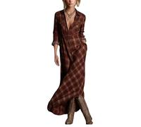 cffvdiz Vestito Camicia Donna con Bottoni Maniche Lunghe Colletto con Risvolto Stampa Scozzese Vestito Maxi Country,Rosso,M