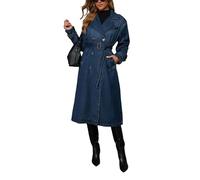cffvdiz Vintage Lapel Collar Lungo Denim Giacca Doppio Petto Cintura Manica Lunga Lavoro Ufficio Jean Trench Cappotto,Dark blue,M