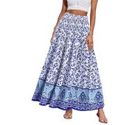 CFLONGE Maxi gonne estive per le donne 2025 moda boho gonna lunga alla moda floreale a vita alta una linea gonna da spiaggia abito da vacanza, Fiore Bianco Blu, XL
