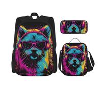 cfpolar Zaino da 3 pezzi, colorato animale cane ascolto zaino borsa pranzo borsa portamatite viaggio laptop zaino bookbag lunch box termico Cooler Tote Bag Toiletry Storage Bag per viaggio lavoro