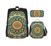 cfpolar Zaino da 3 pezzi, con fiori mandala, borsa per il pranzo, astuccio da viaggio, per laptop, libri, borsa termica per il pranzo, borsa da toeletta per viaggi, lavoro, picnic