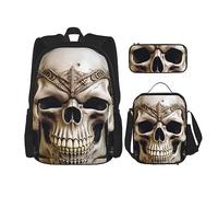 cfpolar Zaino da 3 pezzi, con teschio bianco freddo, borsa per il pranzo, astuccio da viaggio, per laptop, libri, borsa termica per il pranzo, borsa termica per articoli da toeletta per viaggi,