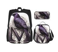 cfpolar Zaino da 3 pezzi, motivo: corvo animale, lettera M, borsa per il pranzo, borsa per il pranzo, borsa da viaggio, per laptop, libri, borsa termica per il pranzo, borsa da toeletta per viaggi,