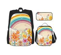 cfpolar Zaino da 3 pezzi, motivo fiori arcobaleno in stile cartone animato, borsa per il pranzo, astuccio da viaggio, per laptop, libri, borsa termica per il pranzo, borsa da toeletta per viaggi,